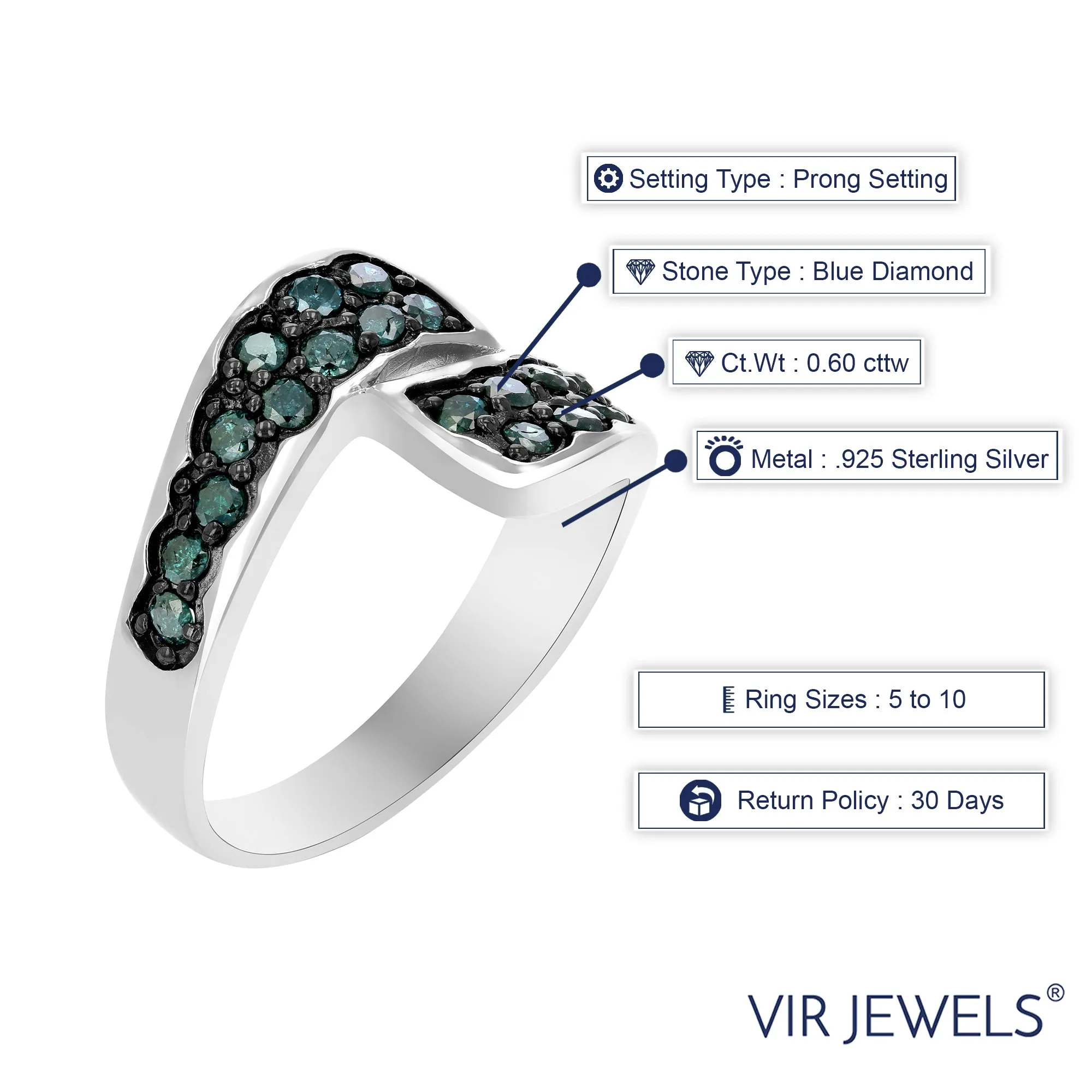 3/5 cttw Blue Diamond Fashion Statement Ring in Sterling Silver