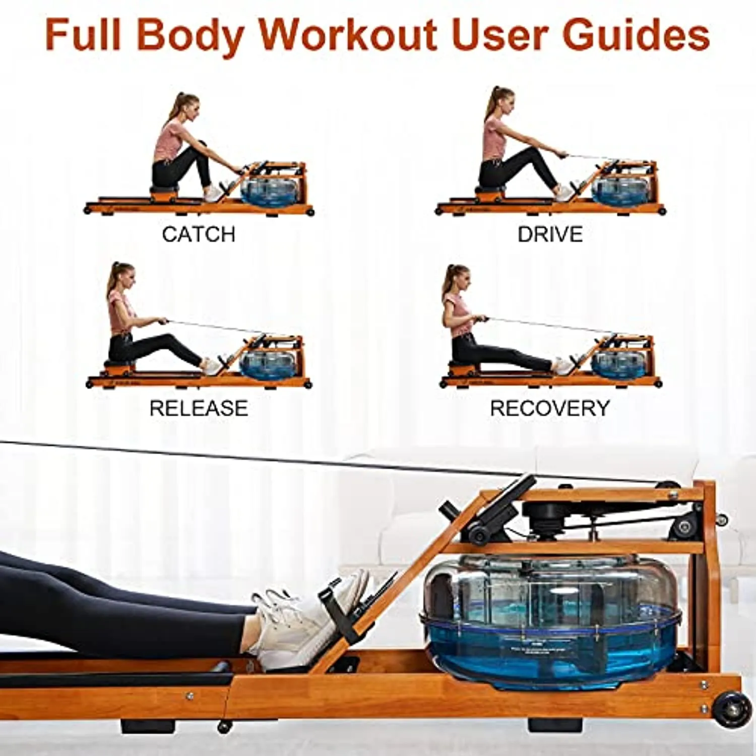 AURUMBIRD Water Folding Rowing Machine,Wooden Water Resistance Rowing Machine for Home Gyms Use with LED Moniter, Full-Body Workout Machine