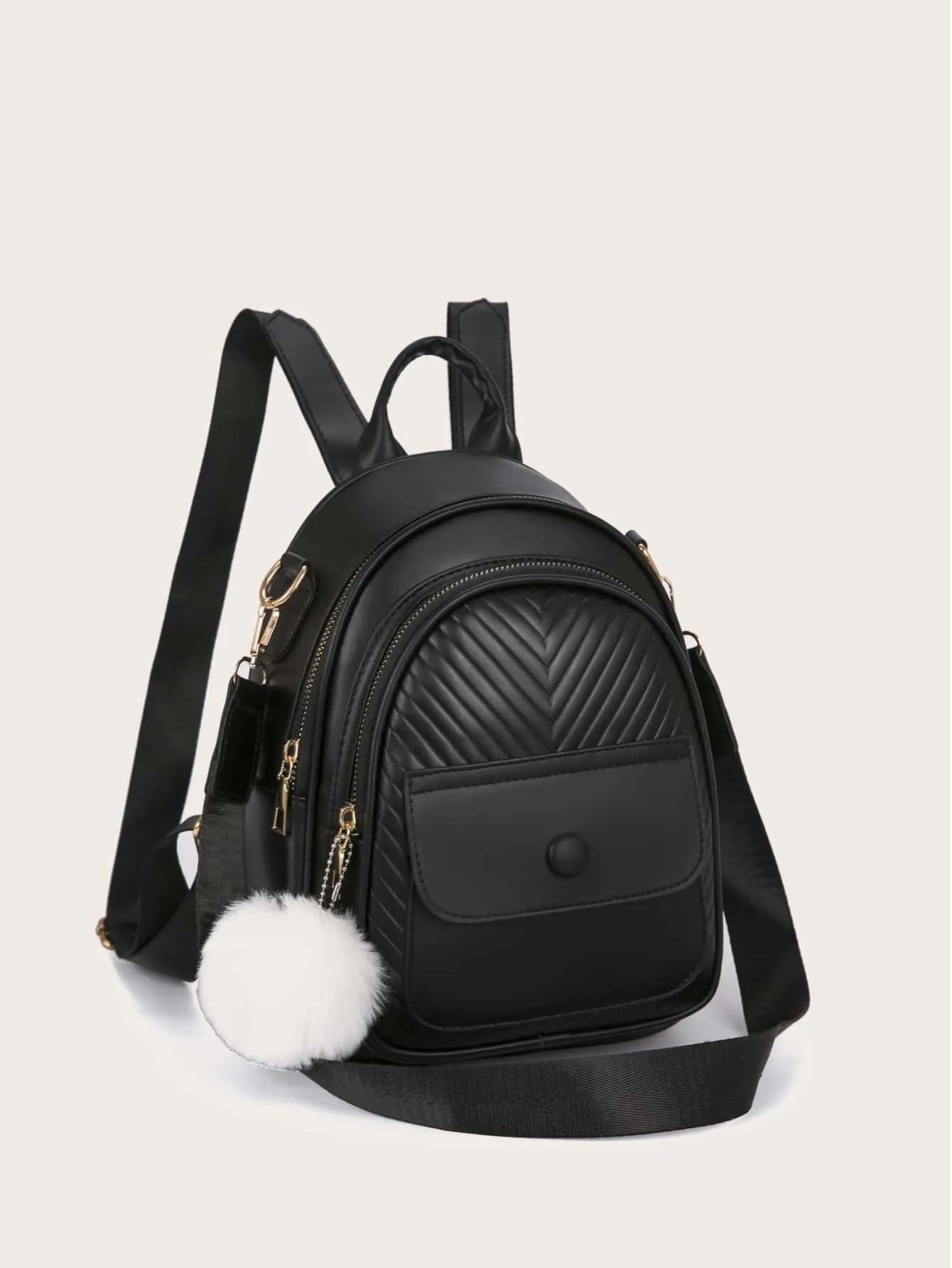 Chevron Quilted Detail Functional Backpack With Pom Pom Charm - Black