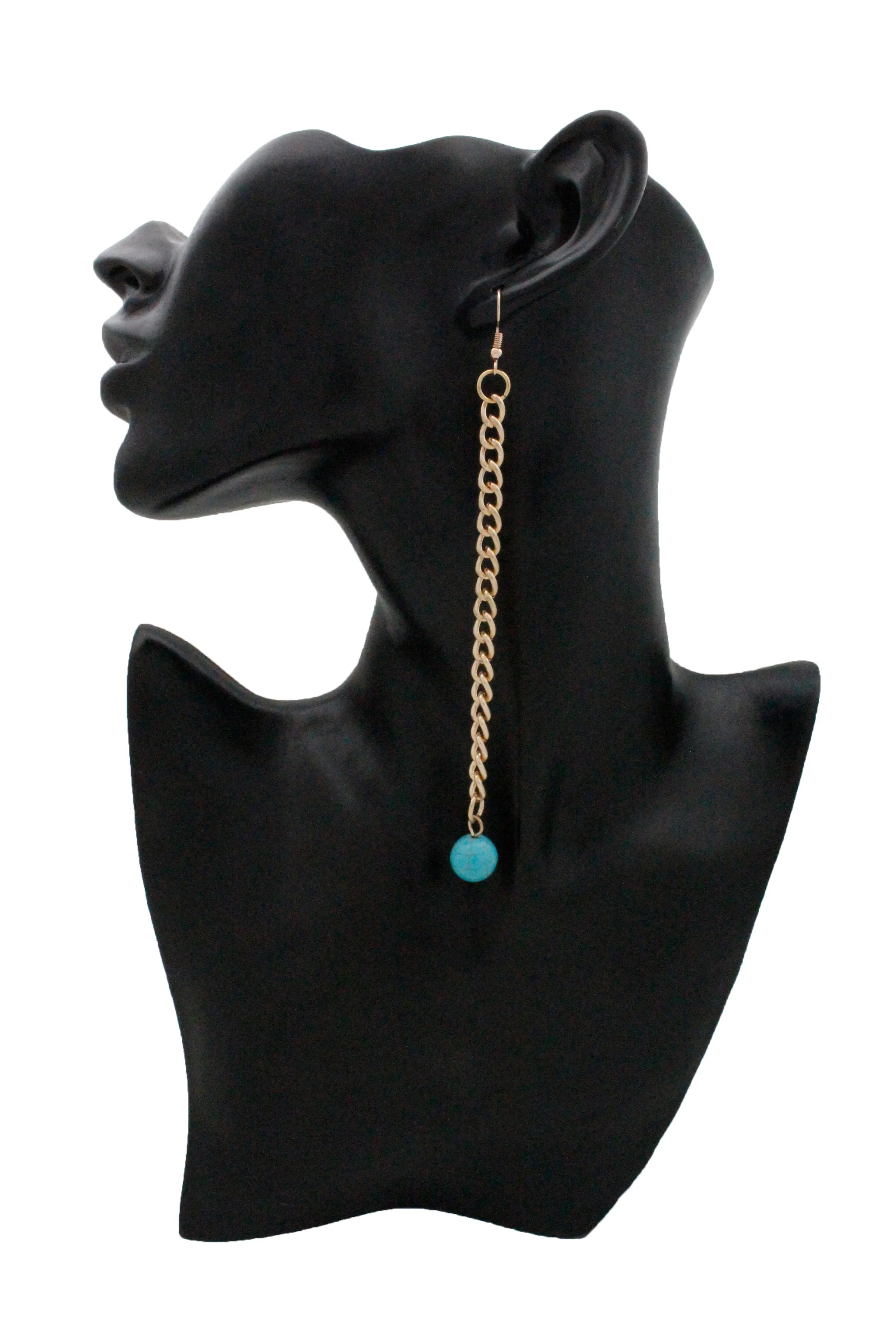 Earrings Gold Metal Chain Links Long Turquoise Blue Beads Ethnic Style
