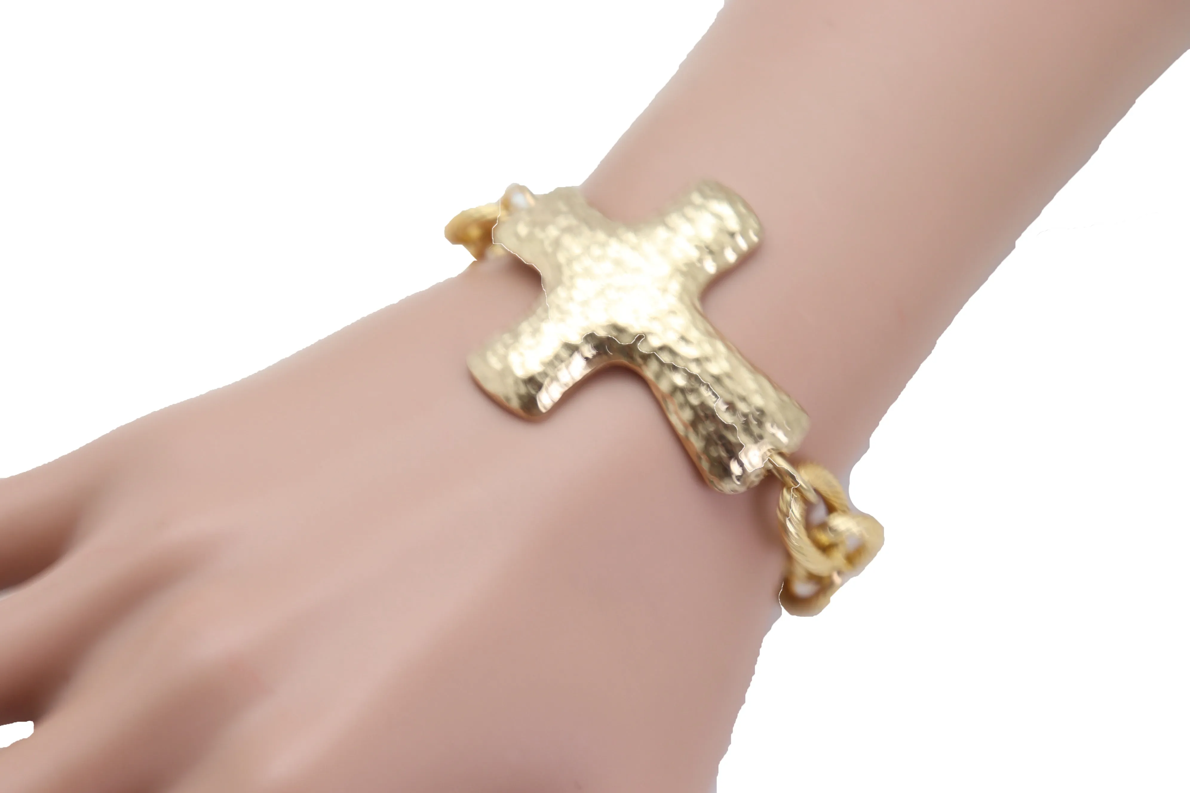 Gold Metal Chain Wrist Bracelet Cross Charm Weekend Look