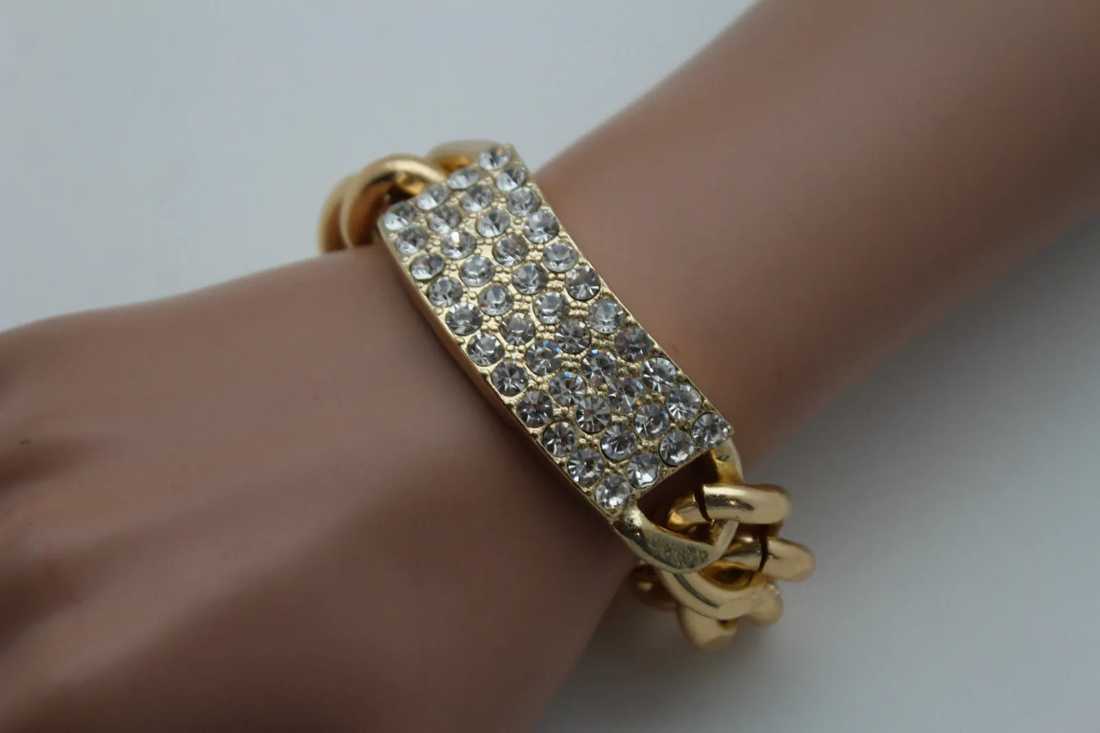 Gold Silver Metal Chains Bracelet Metal Plate Multi Clear Rhinestones