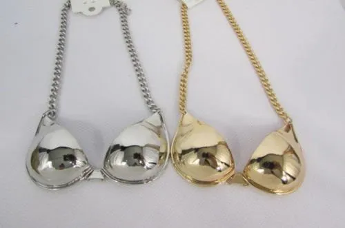 Gold Silver Mini Metal Bikini Bra Pendant 13" Long Chains Necklace