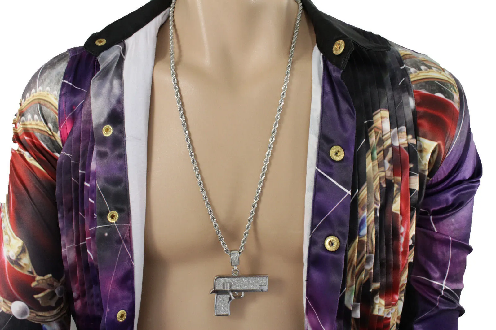 Iced Out Gun Pendant Long Metal Chain Necklace