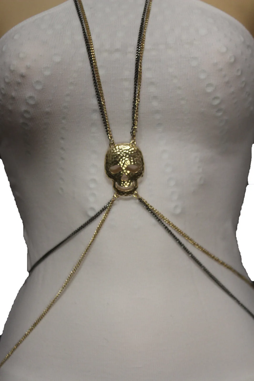 Pewter Gold Skull Pendant Metal Body Chain Harness