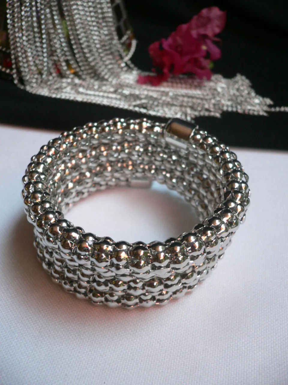 Silver Beads Metal Spring Elastic Wide Bracelet Disco Style