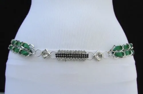 Silver Metal Chain with Colorful Shiny Fabric Skinny Belt