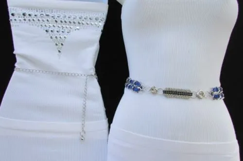Silver Metal Chain with Colorful Shiny Fabric Skinny Belt