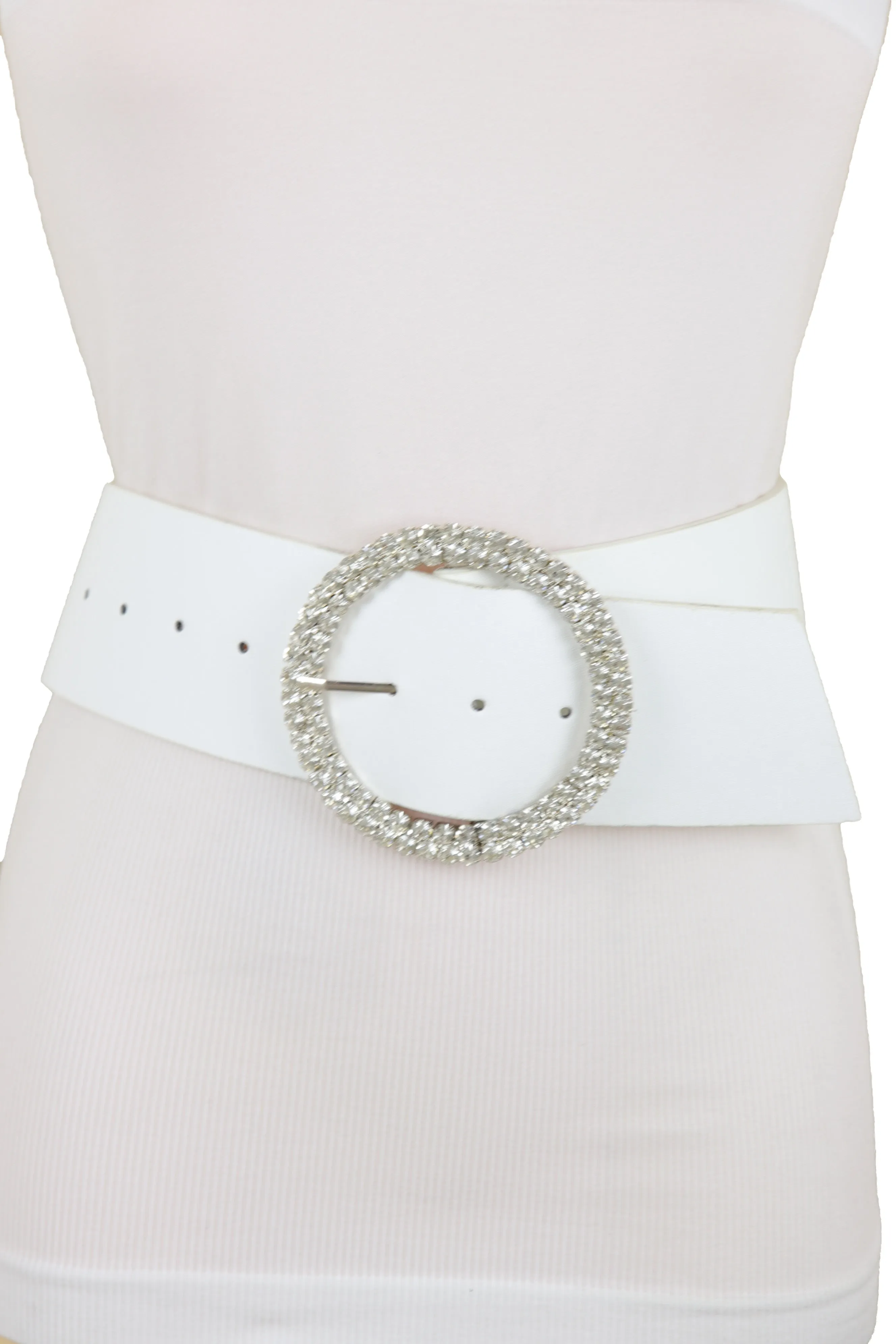 Winter White Faux Leather Wide Strap Fashion Belt Bling Round Buckle S M