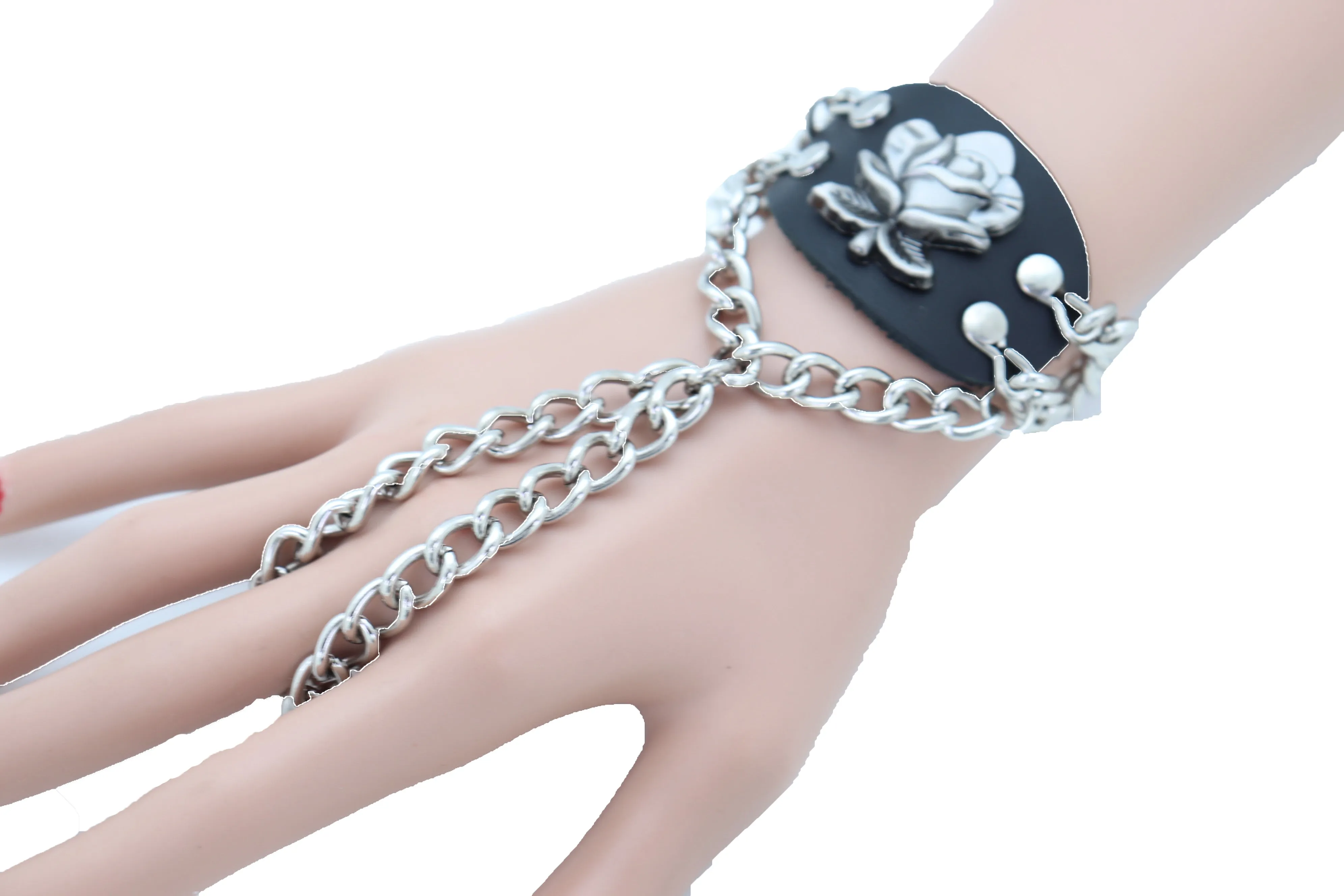 Women Bracelet Silver Metal Hand Chain Rose Flower Charm Biker One Size Adjustable
