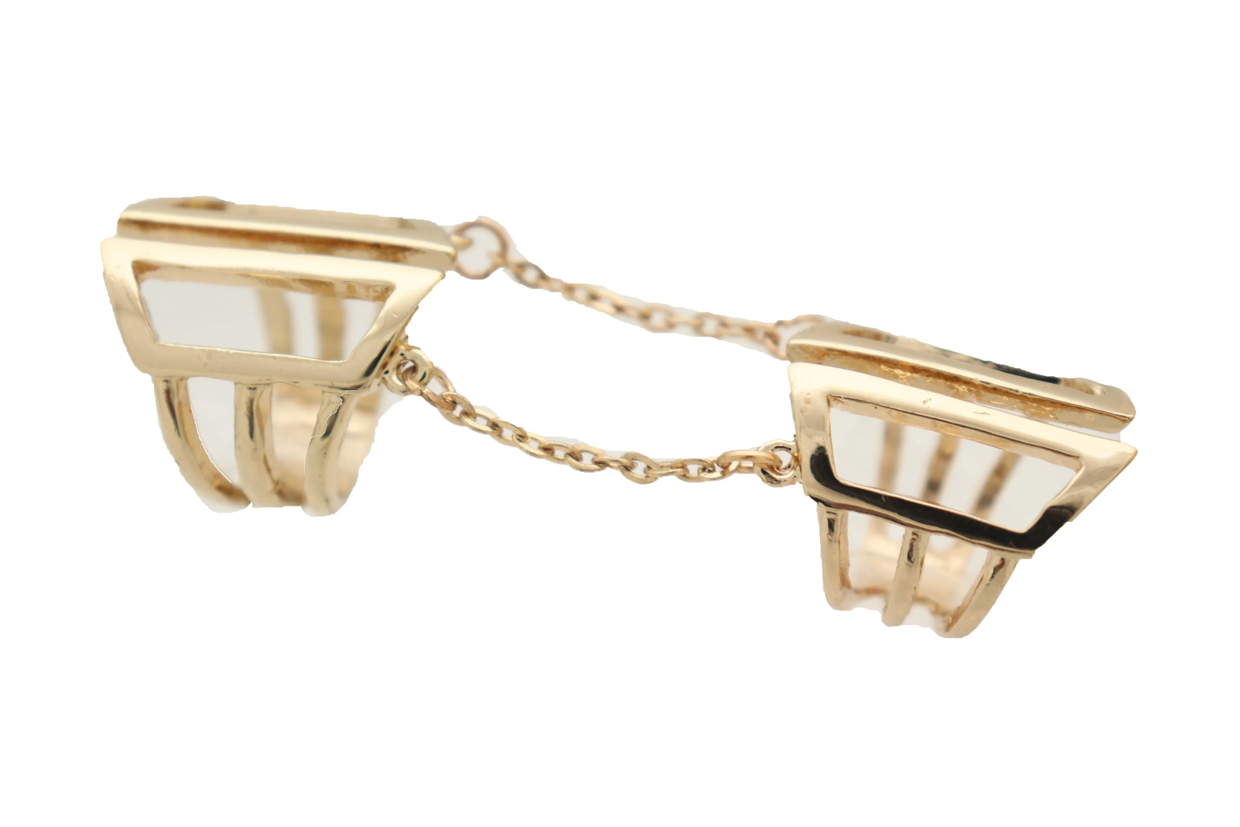 Women Gold Cuff Ring Metal Long Finger Double Adjustable Band Up to Size 9