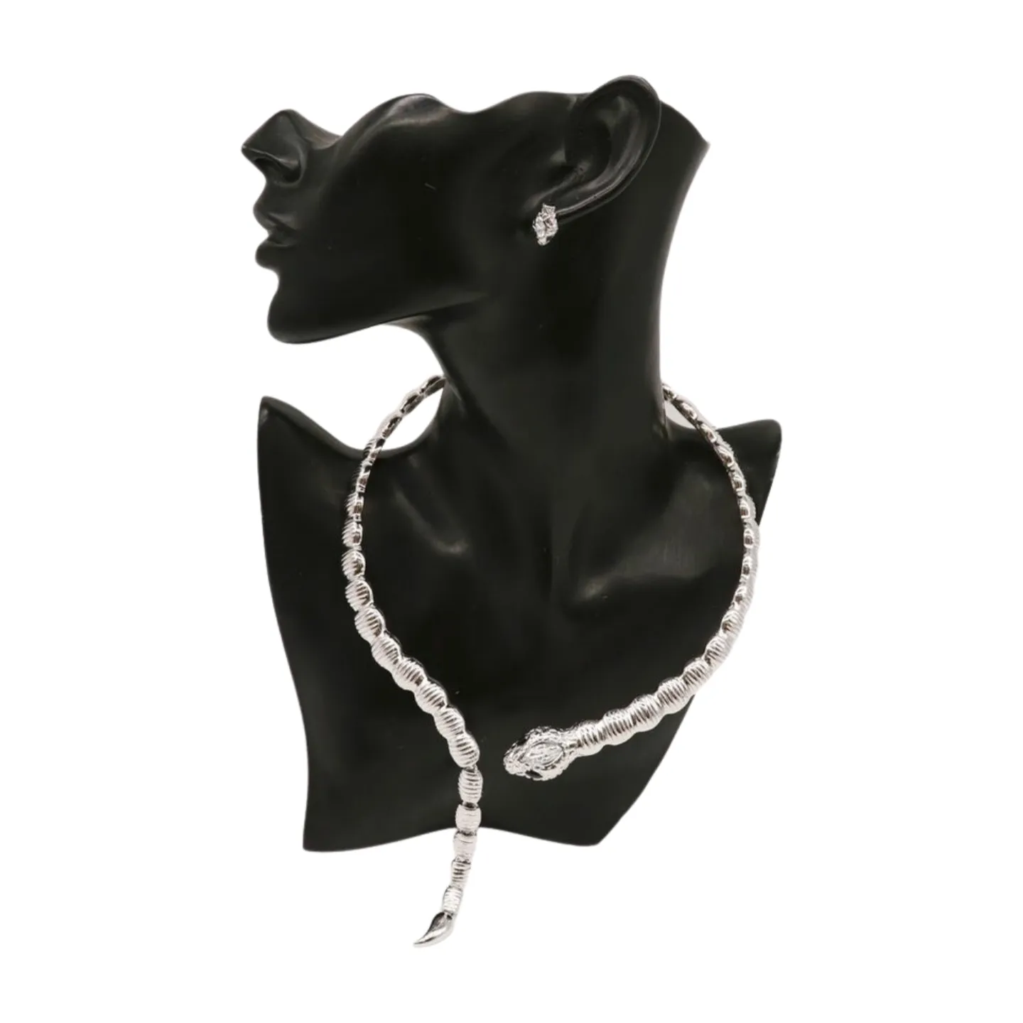 Women Silver Metal Wrap Around Cobra Snake Short Necklace